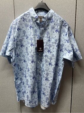 Ariat Light Blue Short Sleeve Button-Down with Navy Rodeo Print